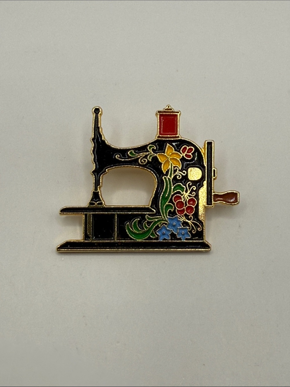 Vintage Clotide 20 Years Black Multicolored Sewing Machine Brooch Pin